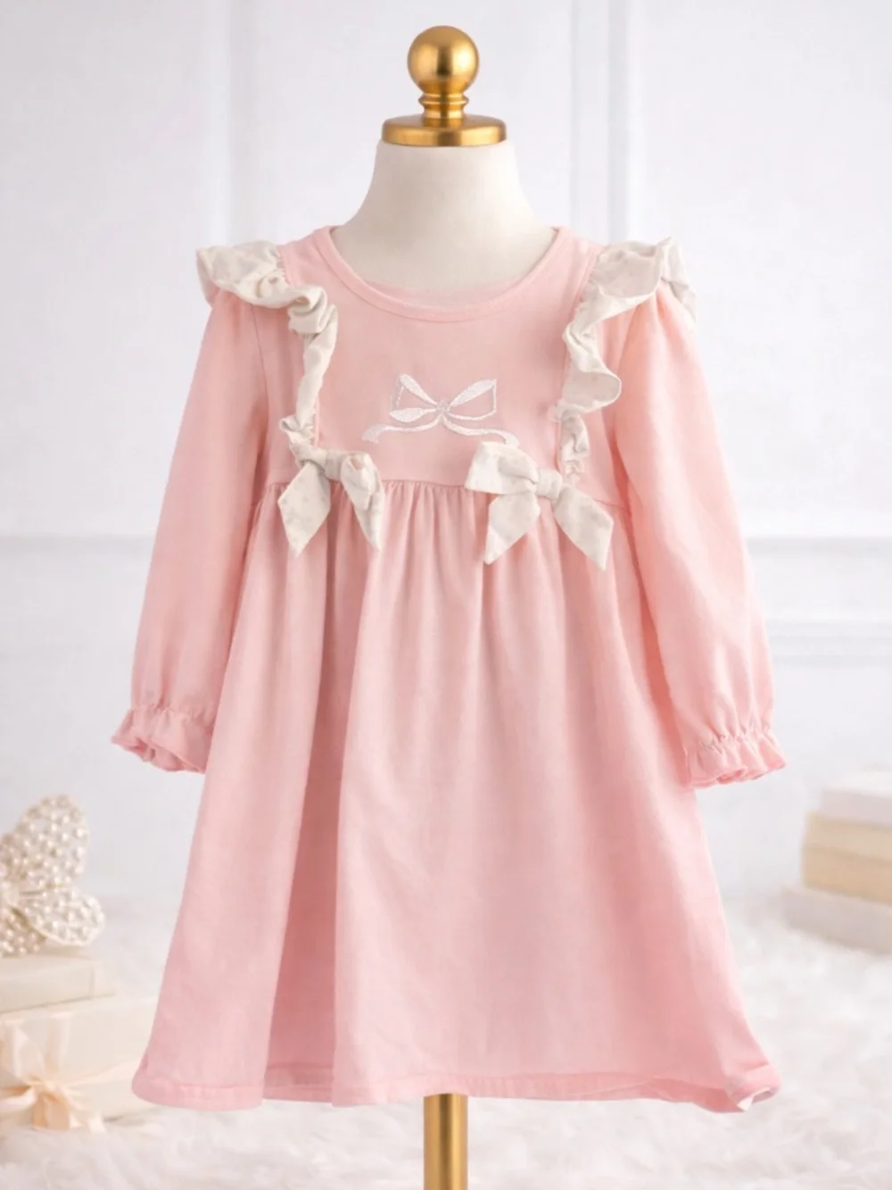 Toddler Girls Pink Ruffle Bow Dress Sz 4 Boutique Style‎ Long Sleeve Soft Cotton
